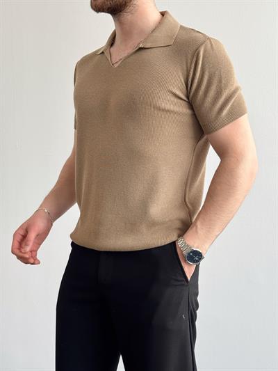 Erkek Premium Kalite Oversize Kalıp V Yaka Triko T-Shirt-Vizon(E1358)