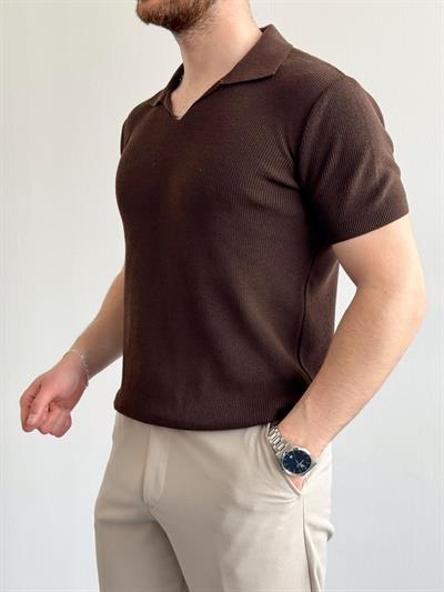 Erkek Premium Kalite Oversize Kalıp V Yaka Triko T-Shirt-Kahverengi(E1358)