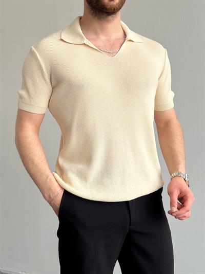 Erkek Premium Kalite Oversize Kalıp V Yaka Triko T-Shirt-Bej(E1358)