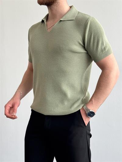 Erkek Premium Kalite Oversize Kalıp V Yaka Triko T-Shirt-Mint(E1358)