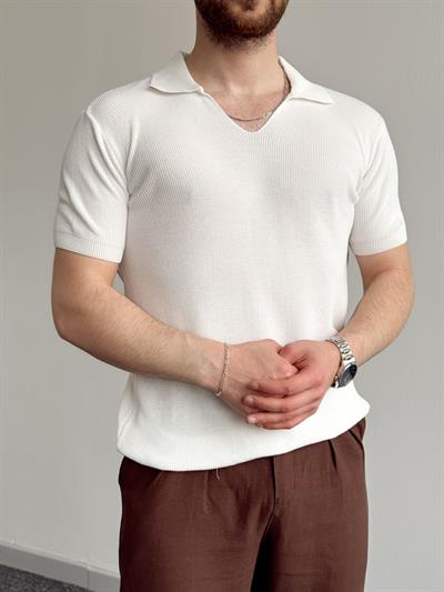 Erkek Premium Kalite Oversize Kalıp V Yaka Triko T-Shirt-Beyaz(E1358)