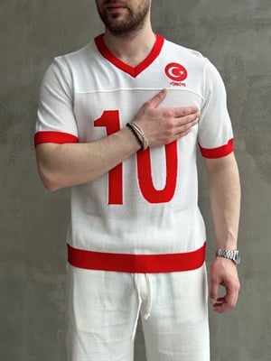 Erkek Premium Kalite Oversize Kalıp V Yaka Türkiye Nakışlı Triko T-Shirt-Kırmızı/Beyaz(E1668)Ketench