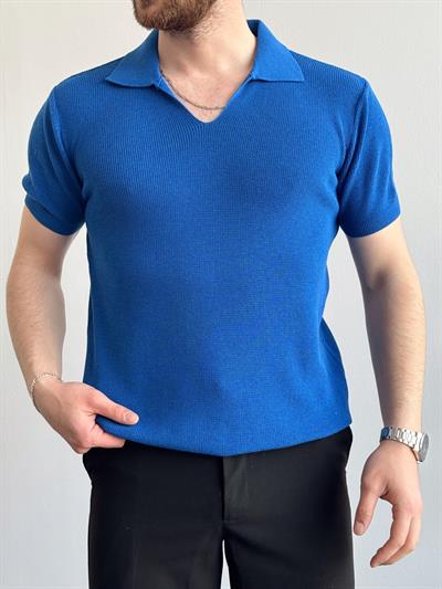 Erkek Premium Kalite Oversize Kalıp V Yaka Triko T-Shirt-Saks(E1358)