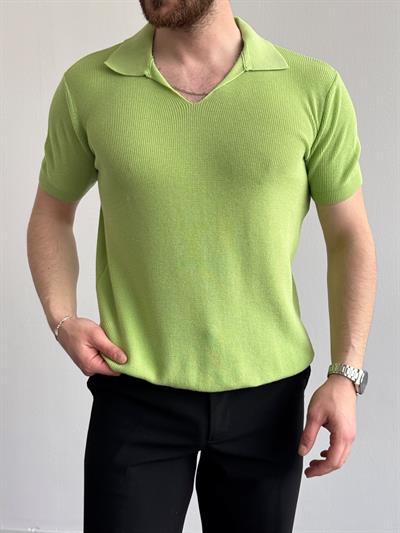 Erkek Premium Kalite Oversize Kalıp V Yaka Triko T-Shirt-Yeşil(E1358)