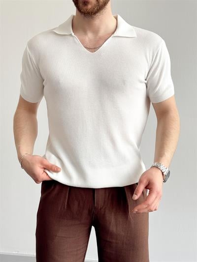 Erkek Premium Kalite Oversize Kalıp V Yaka Triko T-Shirt-Beyaz(E1358)