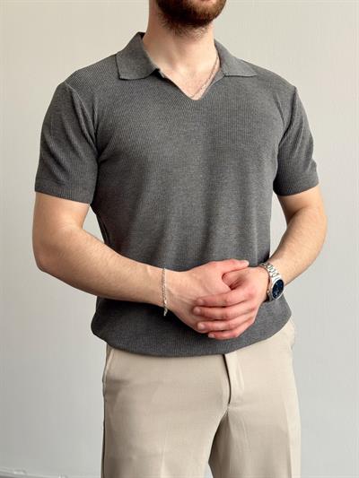 Erkek Premium Kalite Oversize Kalıp V Yaka Triko T-Shirt-Antrasit(E1358)