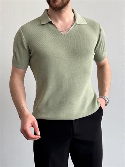 Erkek Premium Kalite Oversize Kalıp V Yaka Triko T-Shirt-Mint(E1358)