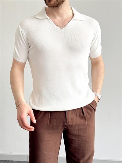 Erkek Premium Kalite Oversize Kalıp V Yaka Triko T-Shirt-Beyaz(E1358)