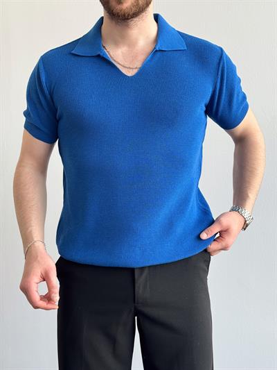 Erkek Premium Kalite Oversize Kalıp V Yaka Triko T-Shirt-Saks(E1358)