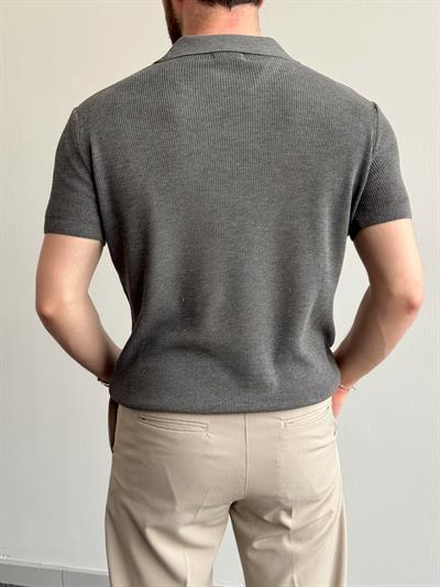 Erkek Premium Kalite Oversize Kalıp V Yaka Triko T-Shirt-Antrasit(E1358)