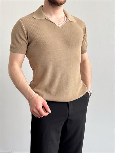 Erkek Premium Kalite Oversize Kalıp V Yaka Triko T-Shirt-Vizon(E1358)