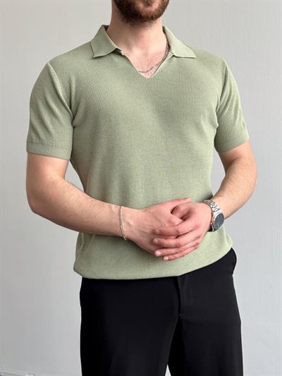 Erkek Premium Kalite Oversize Kalıp V Yaka Triko T-Shirt-Mint(E1358)