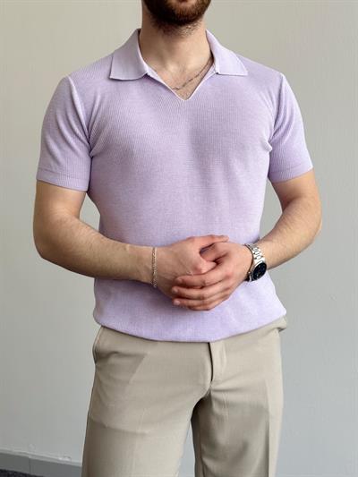 Erkek Premium Kalite Oversize Kalıp V Yaka Triko T-Shirt-Lila(E1358)