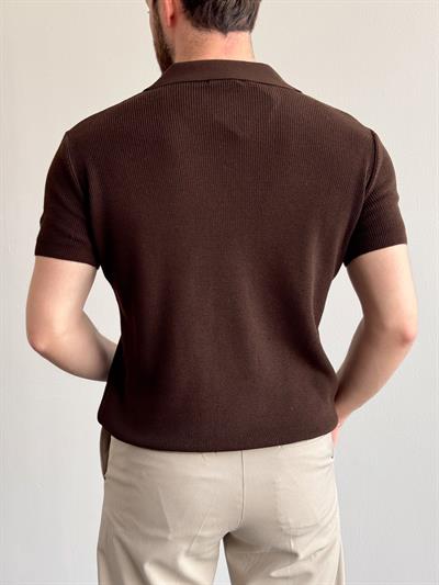 Erkek Premium Kalite Oversize Kalıp V Yaka Triko T-Shirt-Kahverengi(E1358)