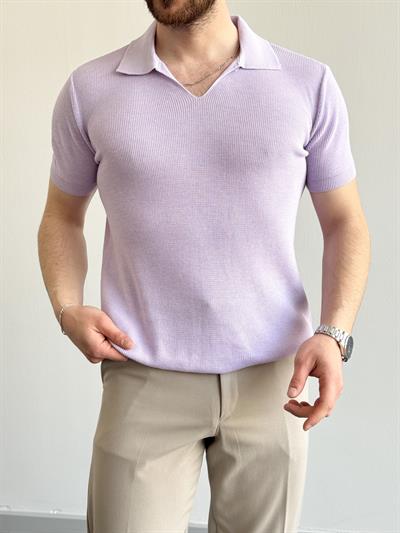 Erkek Premium Kalite Oversize Kalıp V Yaka Triko T-Shirt-Lila(E1358)
