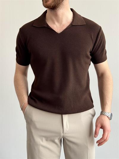 Erkek Premium Kalite Oversize Kalıp V Yaka Triko T-Shirt-Kahverengi(E1358)
