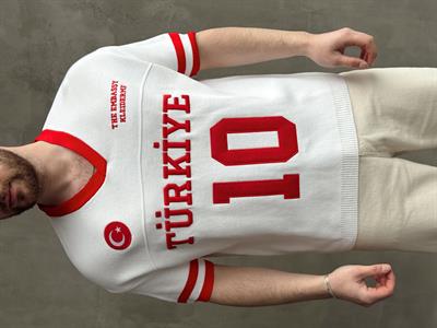 Erkek Premium Kalite Oversize Kalıp V Yaka Türkiye Nakışlı Triko T-Shirt-Beyaz(E1668)