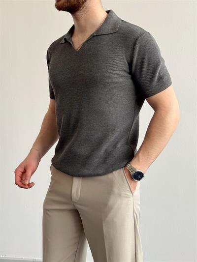 Erkek Premium Kalite Oversize Kalıp V Yaka Triko T-Shirt-Antrasit(E1358)