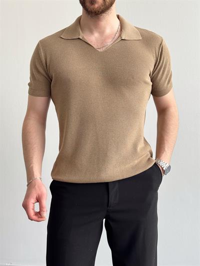Erkek Premium Kalite Oversize Kalıp V Yaka Triko T-Shirt-Vizon(E1358)