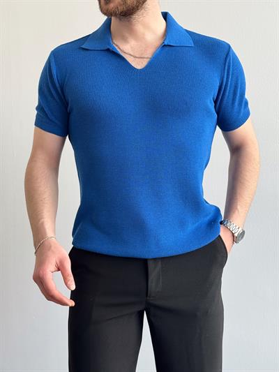 Erkek Premium Kalite Oversize Kalıp V Yaka Triko T-Shirt-Saks(E1358)