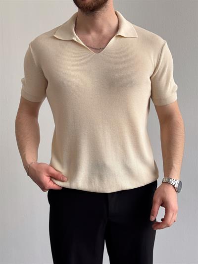 Erkek Premium Kalite Oversize Kalıp V Yaka Triko T-Shirt-Bej(E1358)