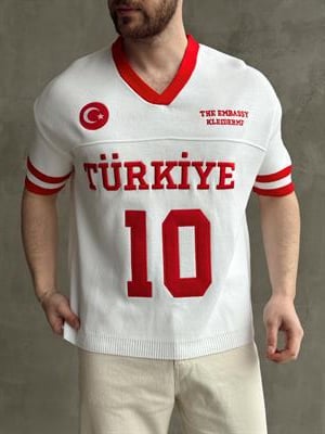 Erkek Premium Kalite Oversize Kalıp V Yaka Türkiye Nakışlı Triko T-Shirt-Beyaz(E1668)