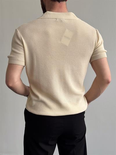 Erkek Premium Kalite Oversize Kalıp V Yaka Triko T-Shirt-Bej(E1358)