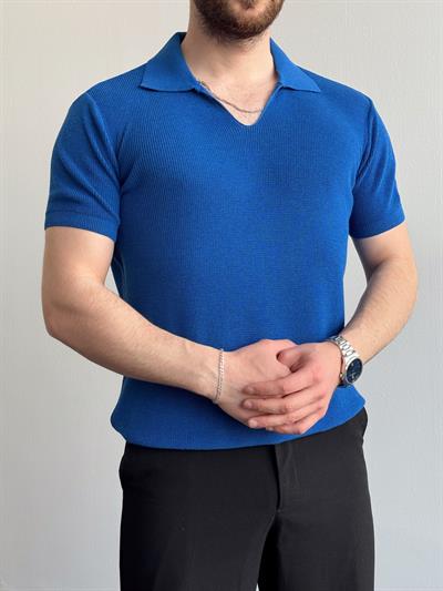 Erkek Premium Kalite Oversize Kalıp V Yaka Triko T-Shirt-Saks(E1358)