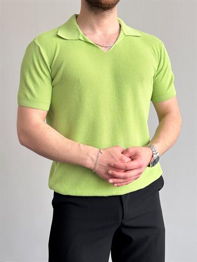 Erkek Premium Kalite Oversize Kalıp V Yaka Triko T-Shirt-Yeşil(E1358)