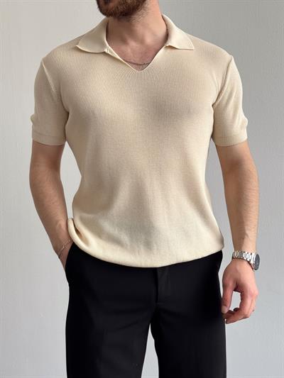 Erkek Premium Kalite Oversize Kalıp V Yaka Triko T-Shirt-Bej(E1358)
