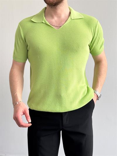 Erkek Premium Kalite Oversize Kalıp V Yaka Triko T-Shirt-Yeşil(E1358)