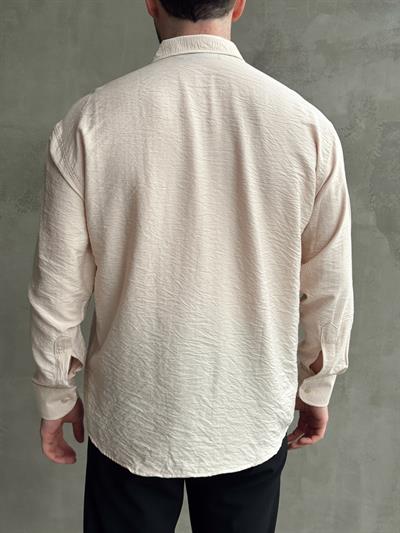 Erkek Premium Kalite Oversize Kalıp Viskon Keten Karışımlı Gömlek-Bej(E1597)