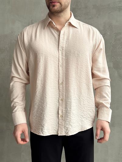 Erkek Premium Kalite Oversize Kalıp Viskon Keten Karışımlı Gömlek-Bej(E1597)