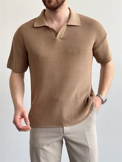 Erkek Premium Kalite Polo Yaka Oversize Kalıp Triko T-Shirt-Toprak(E1357)