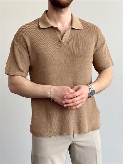 Erkek Premium Kalite Polo Yaka Oversize Kalıp Triko T-Shirt-Toprak(E1357)