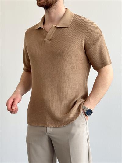 Erkek Premium Kalite Polo Yaka Oversize Kalıp Triko T-Shirt-Toprak(E1357)