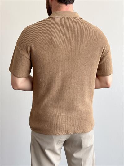 Erkek Premium Kalite Polo Yaka Oversize Kalıp Triko T-Shirt-Toprak(E1357)