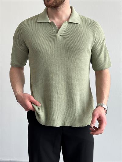 Erkek Premium Kalite Polo Yaka Oversize Kalıp Triko T-Shirt-Mint(E1357)