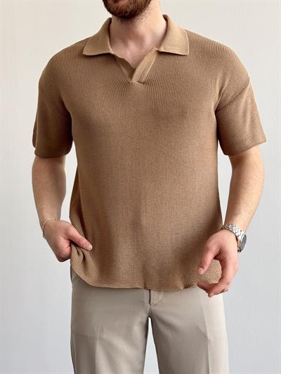 Erkek Premium Kalite Polo Yaka Oversize Kalıp Triko T-Shirt-Toprak(E1357)