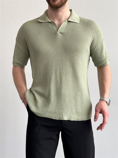 Erkek Premium Kalite Polo Yaka Oversize Kalıp Triko T-Shirt-Mint(E1357)