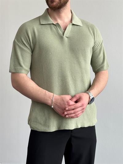 Erkek Premium Kalite Polo Yaka Oversize Kalıp Triko T-Shirt-Mint(E1357)