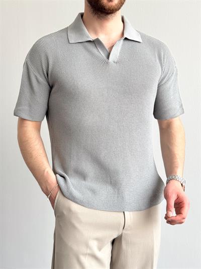 Erkek Premium Kalite Polo Yaka Oversize Kalıp Triko T-Shirt-Gri(E1357)