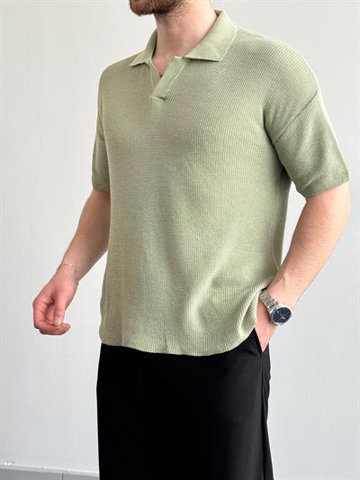 Erkek Premium Kalite Polo Yaka Oversize Kalıp Triko T-Shirt-Mint(E1357)