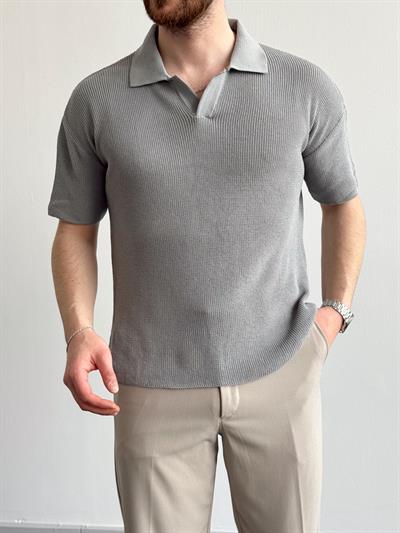 Erkek Premium Kalite Polo Yaka Oversize Kalıp Triko T-Shirt-Gri(E1357)