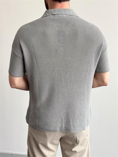 Erkek Premium Kalite Polo Yaka Oversize Kalıp Triko T-Shirt-Gri(E1357)