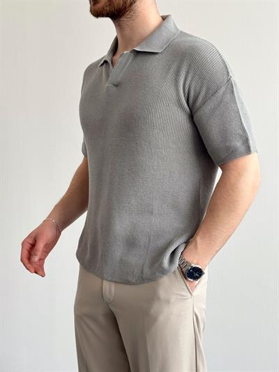 Erkek Premium Kalite Polo Yaka Oversize Kalıp Triko T-Shirt-Gri(E1357)