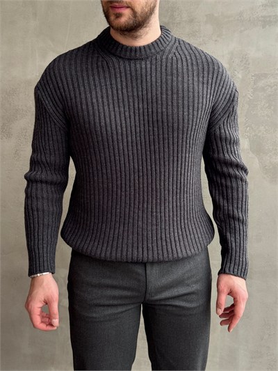 Erkek Premium Kalite Selanik Örgüsü Bisiklet Yaka Oversize Triko Kazak-Füme(E1201)