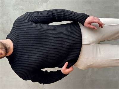 Erkek Premium Kalite Selanik Örgüsü Bisiklet Yaka Oversize Triko Kazak-Siyah(E1201)