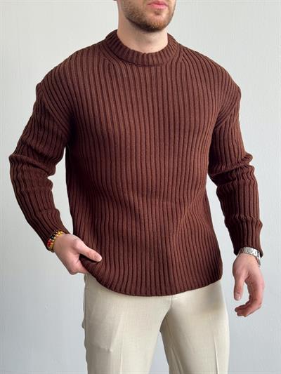 Erkek Premium Kalite Selanik Örgüsü Bisiklet Yaka Oversize Triko Kazak-Kahverengi(E1201)