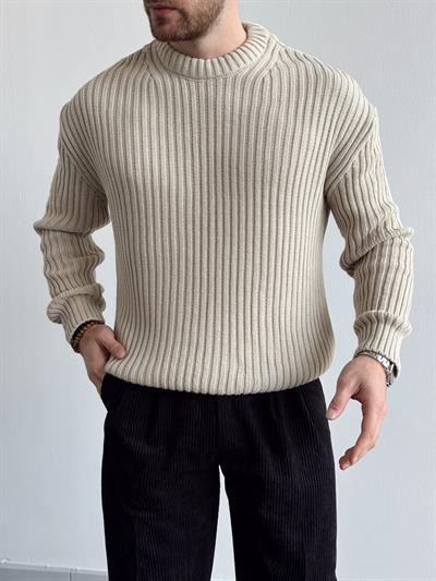 Erkek Premium Kalite Selanik Örgüsü Bisiklet Yaka Oversize Triko Kazak-Taş(E1201)Ketench